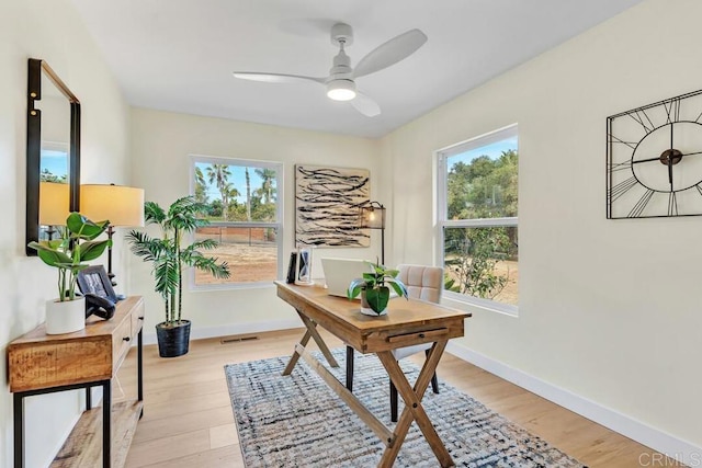 office with ceiling fan, a healthy amount of sunlight, and light wood-type flooring