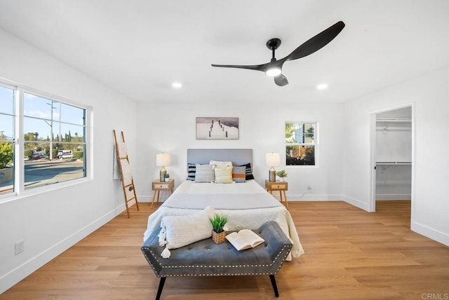 bedroom with ceiling fan, a closet, a walk in closet, and light hardwood / wood-style flooring