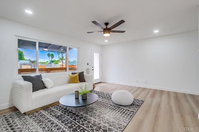 living room with ceiling fan and wood-type flooring