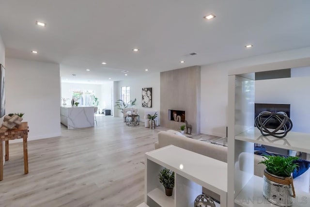 living room featuring a large fireplace and light wood-type flooring