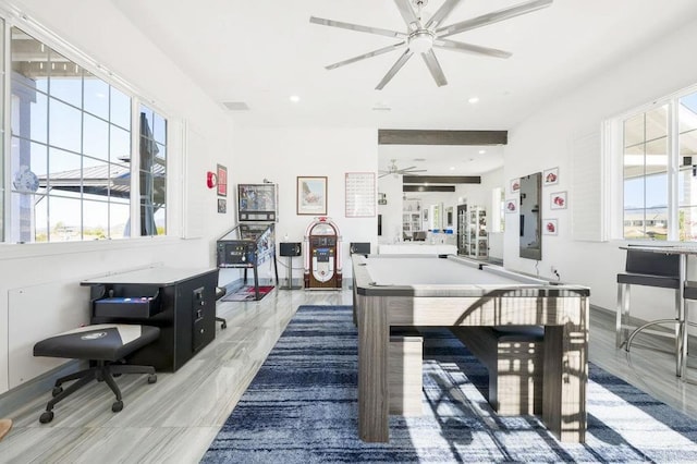 game room featuring ceiling fan and billiards