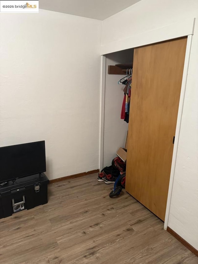 bedroom featuring wood-type flooring and a closet