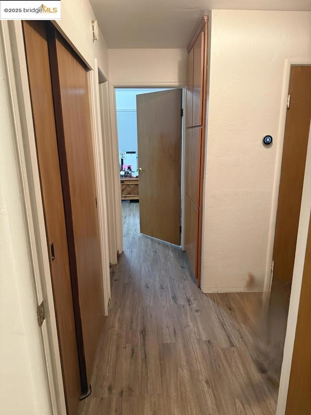 hallway with dark wood-type flooring