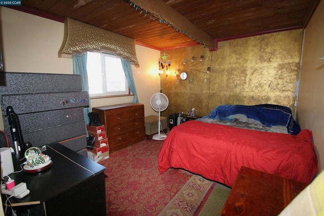 bedroom with wood ceiling and beamed ceiling