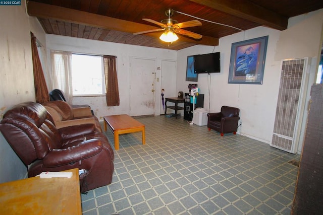 living room with ceiling fan, wooden ceiling, and beam ceiling