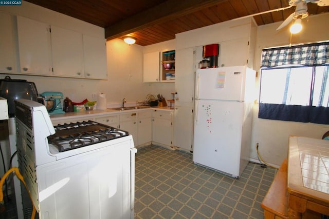 kitchen with white appliances, white cabinetry, sink, wooden ceiling, and beam ceiling