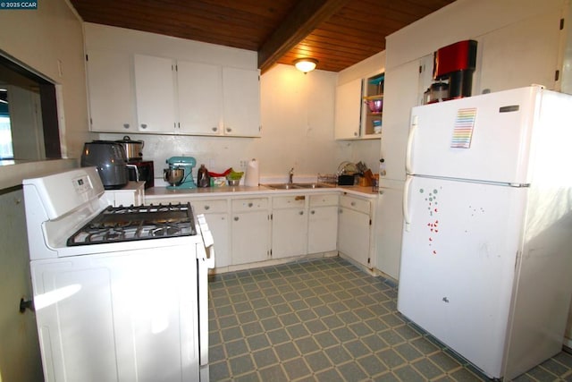 kitchen with white cabinetry, wooden ceiling, white appliances, and sink