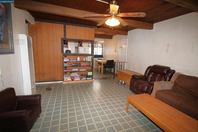 living room featuring beam ceiling, ceiling fan, wood ceiling, and wooden walls