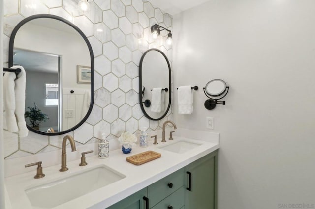 bathroom with tile walls, tasteful backsplash, and vanity