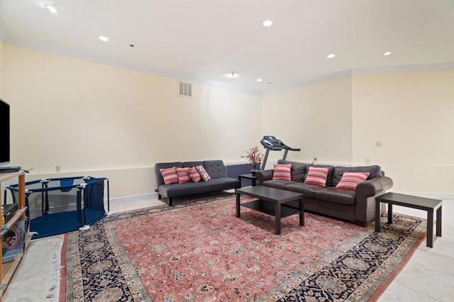 living room with crown molding