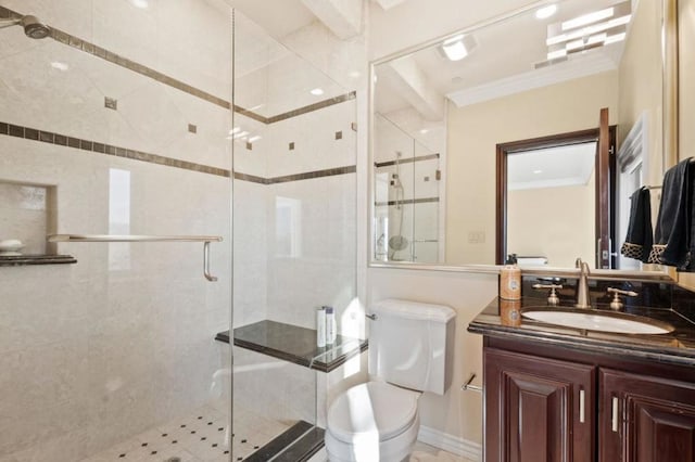 bathroom featuring crown molding, toilet, walk in shower, and vanity