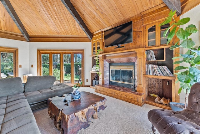 living room featuring beamed ceiling, wood ceiling, high vaulted ceiling, and carpet floors