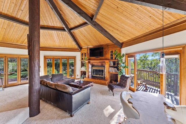 carpeted living room featuring beamed ceiling, wood ceiling, and high vaulted ceiling