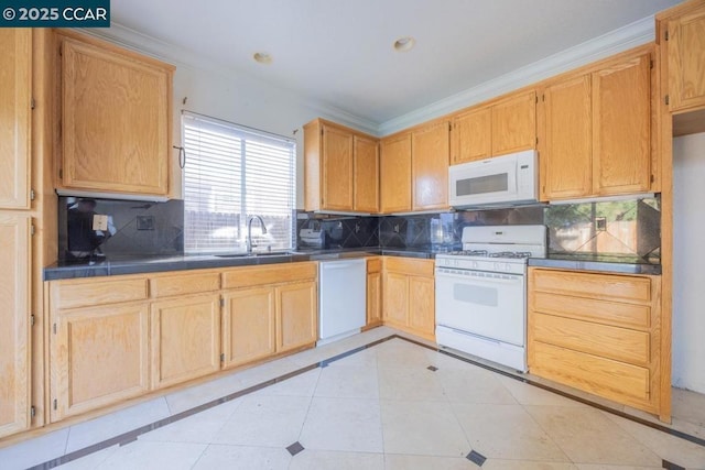 kitchen with tile counters, decorative backsplash, white appliances, light tile patterned flooring, and sink