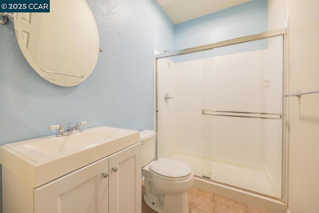 bathroom featuring toilet, vanity, an enclosed shower, and tile patterned floors