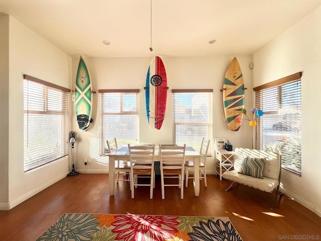 dining area with dark wood-type flooring and plenty of natural light