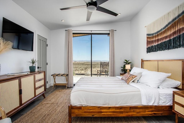 bedroom with dark wood-type flooring, ceiling fan, access to exterior, and lofted ceiling