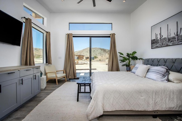 bedroom with a mountain view, access to exterior, and multiple windows