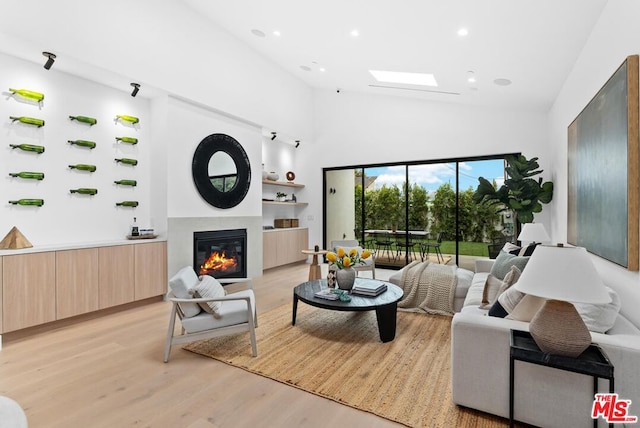 living room featuring high vaulted ceiling, a skylight, and light hardwood / wood-style floors