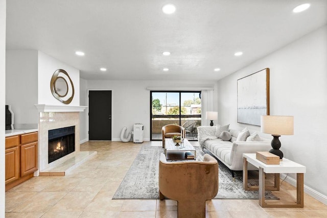 living room with a fireplace