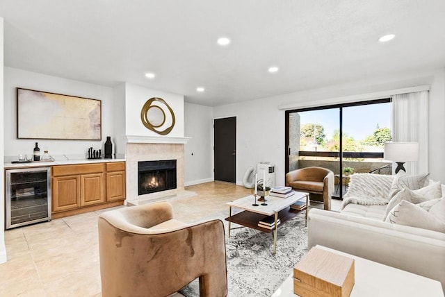 tiled living room with bar and wine cooler