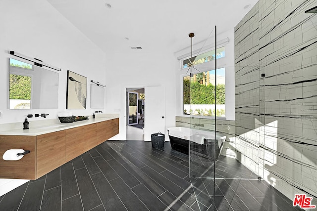 bathroom with vanity, a wealth of natural light, and shower with separate bathtub