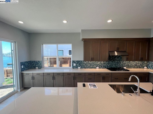 kitchen featuring sink, dark brown cabinetry, a water view, and black gas stovetop