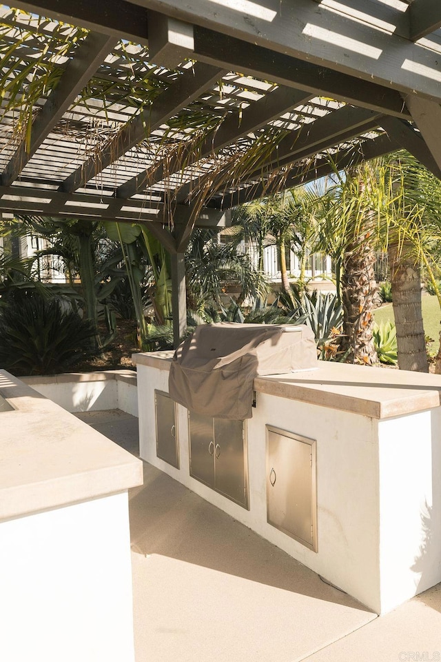 view of patio / terrace featuring a pergola and exterior kitchen