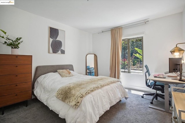 bedroom with dark colored carpet