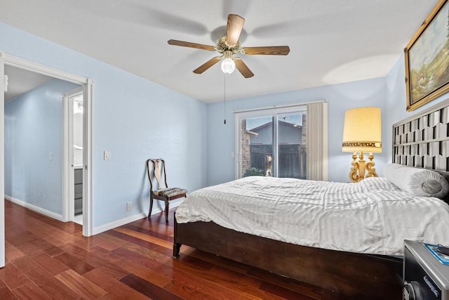 bedroom with dark hardwood / wood-style flooring, access to exterior, and ceiling fan