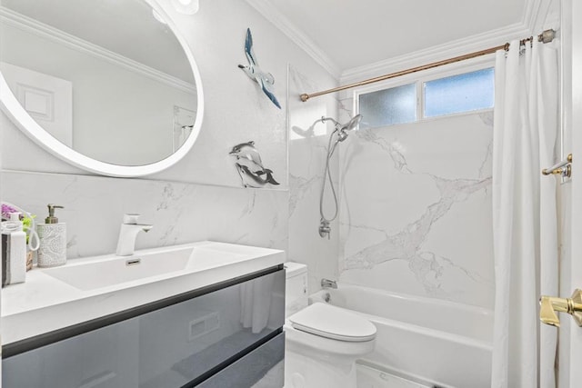 full bathroom with shower / tub combo with curtain, tile walls, ornamental molding, vanity, and backsplash