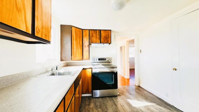 kitchen featuring sink, hardwood / wood-style floors, and stainless steel range with electric cooktop