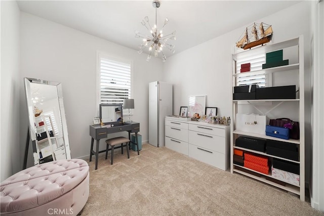 office space with an inviting chandelier and light colored carpet