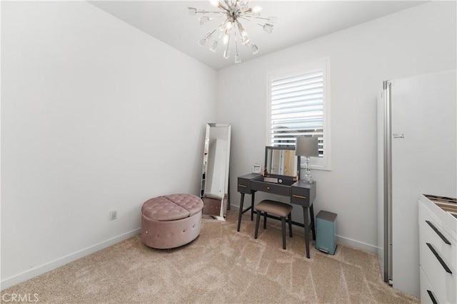 office space featuring light carpet and an inviting chandelier