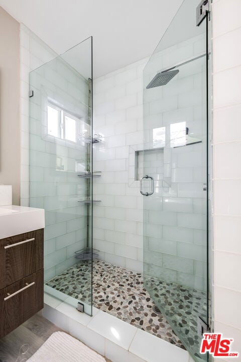 bathroom featuring walk in shower and vanity