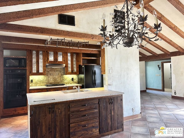 kitchen with black appliances, sink, backsplash, kitchen peninsula, and lofted ceiling with beams