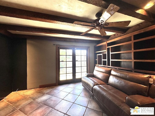 unfurnished living room featuring ceiling fan, beamed ceiling, french doors, and tile patterned flooring