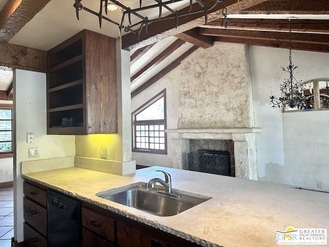 kitchen with sink, vaulted ceiling with beams, dishwasher, and tile patterned floors