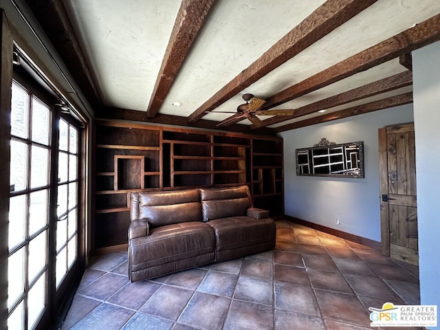 interior space featuring ceiling fan and beamed ceiling