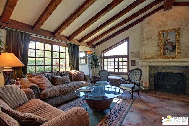 living room featuring high vaulted ceiling, beam ceiling, and a fireplace