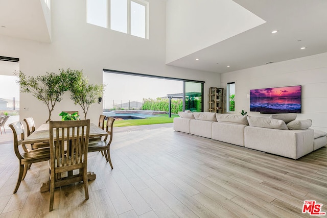 living room featuring a towering ceiling and light hardwood / wood-style flooring