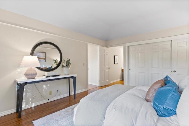 bedroom with dark hardwood / wood-style floors and a closet