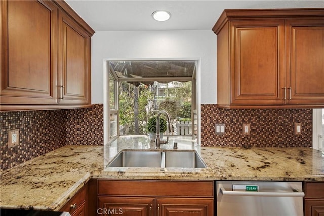 kitchen with light stone countertops, sink, backsplash, and dishwasher