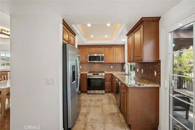 kitchen with backsplash, a wealth of natural light, sink, a tray ceiling, and stainless steel appliances