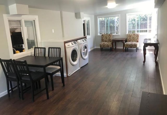 laundry room featuring dark wood-type flooring and separate washer and dryer