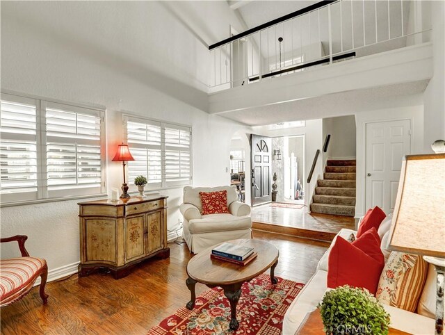 living room with high vaulted ceiling and dark hardwood / wood-style flooring