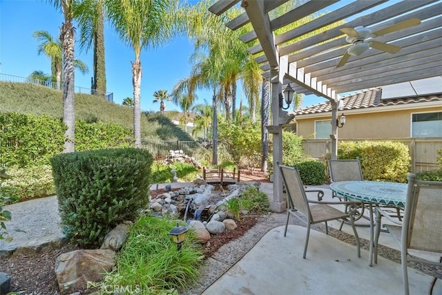 view of patio / terrace with ceiling fan and a pergola