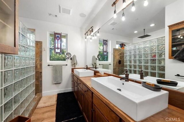 bathroom with vanity, hardwood / wood-style floors, and walk in shower