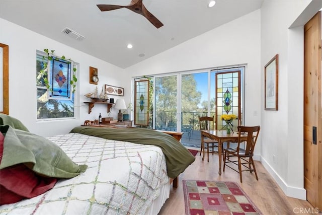 bedroom with access to exterior, high vaulted ceiling, ceiling fan, and light wood-type flooring