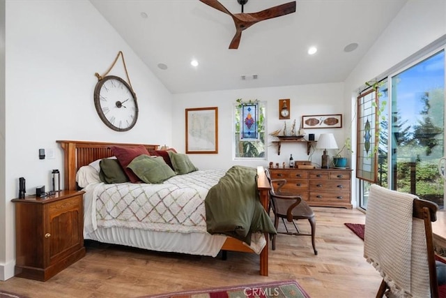 bedroom featuring ceiling fan, lofted ceiling, access to outside, and light wood-type flooring